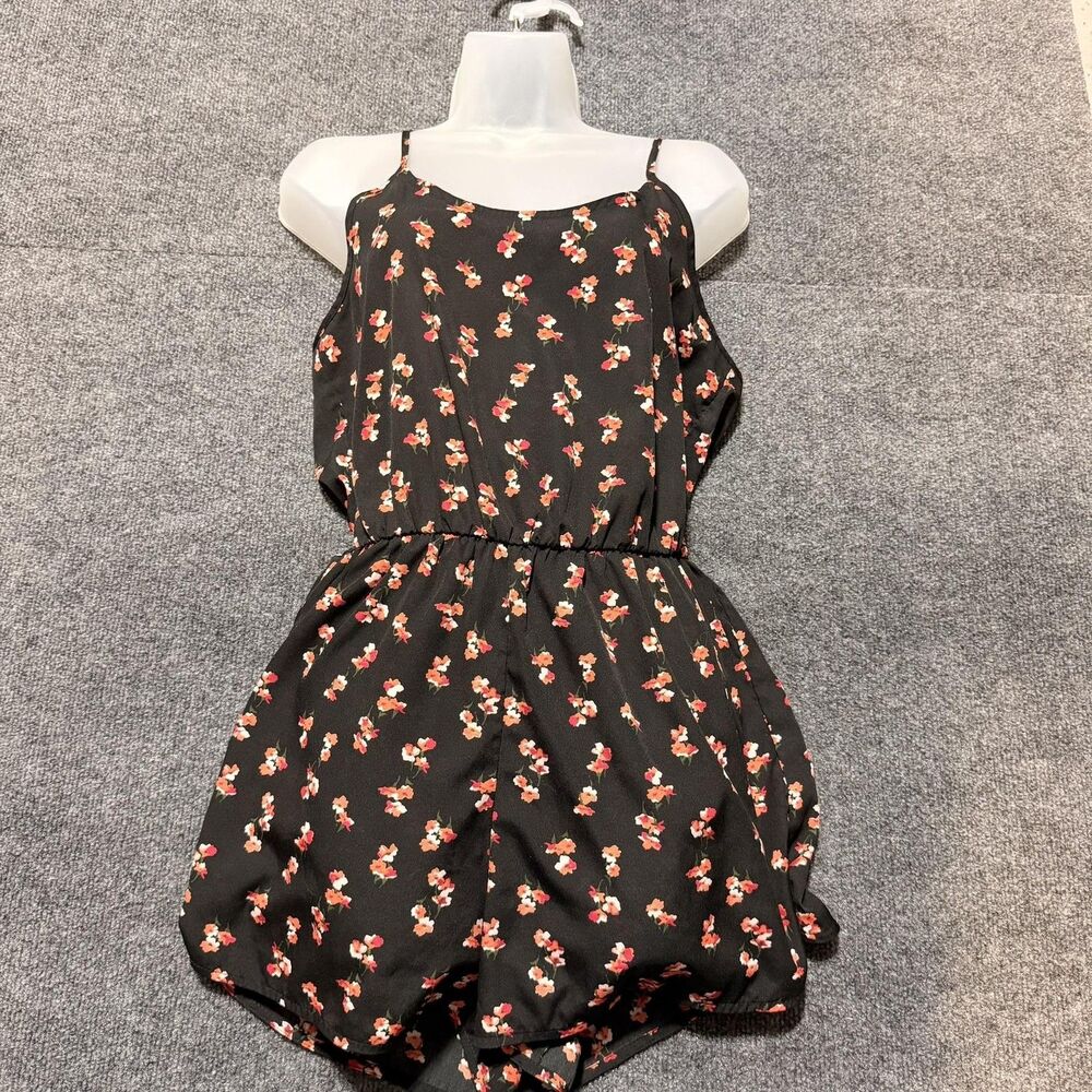City Streets Romper Womens Medium Black Floral Spaghetti Strap Elastic Waist
